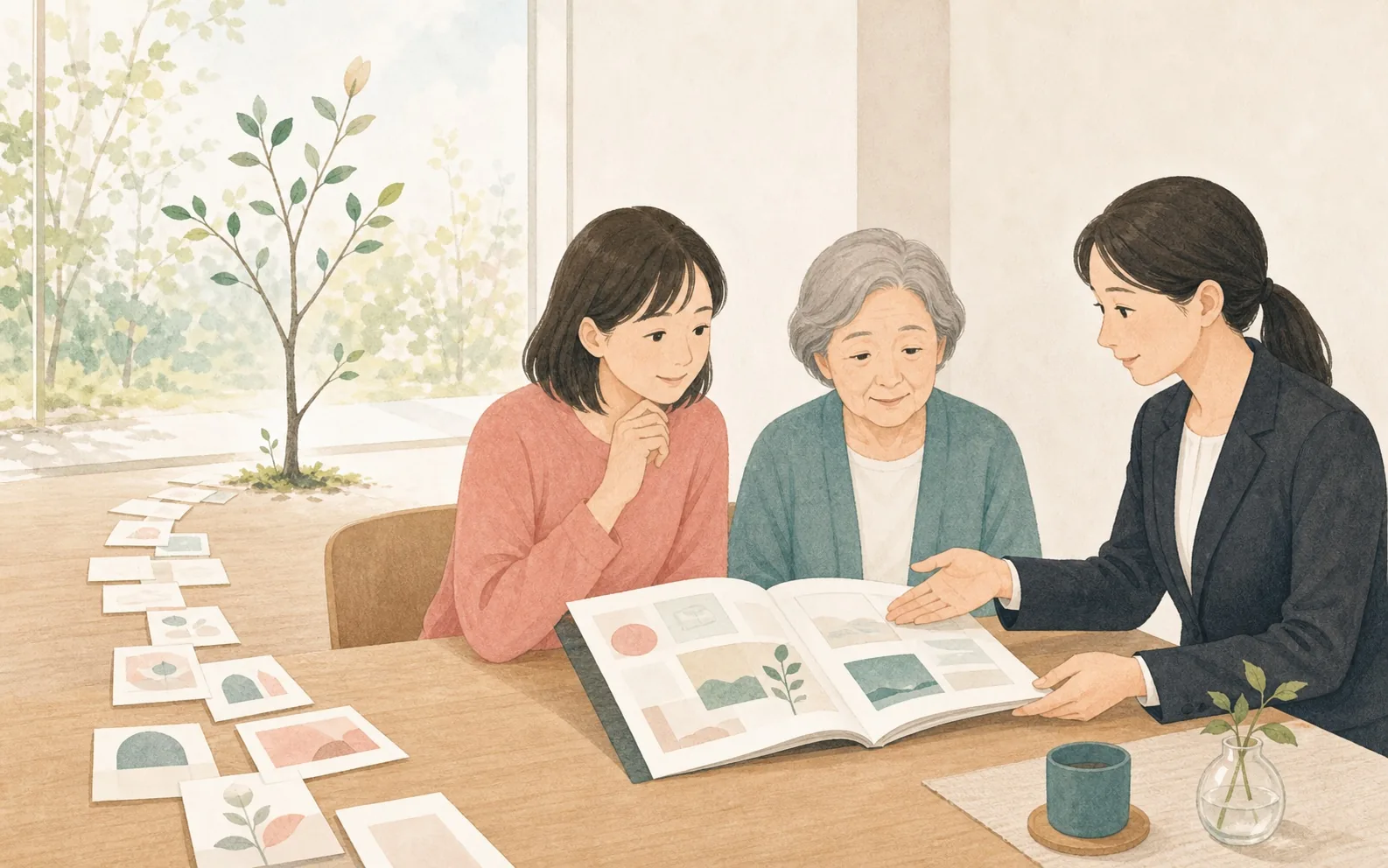 葬儀や終活のサービスについて、家族と担当者が一緒に案内を確認するイラスト