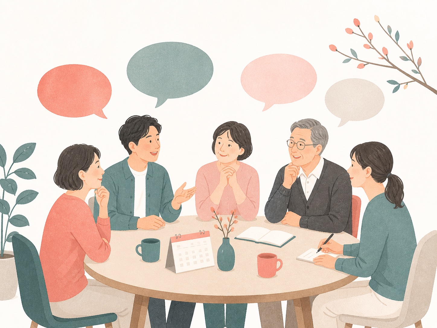 世代を超えて終活について話し合う場のイラスト