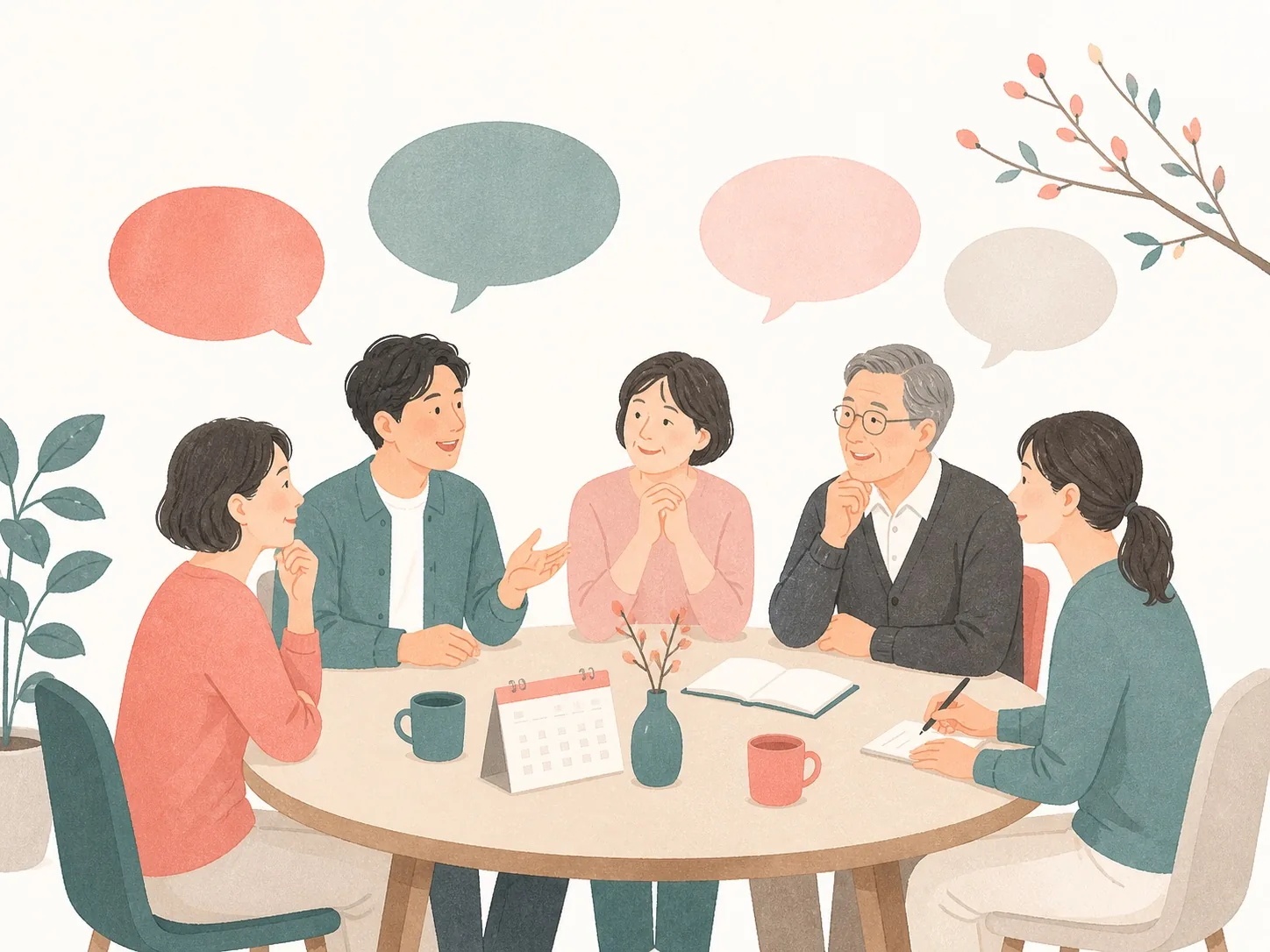 世代を超えて終活について話し合う場のイラスト