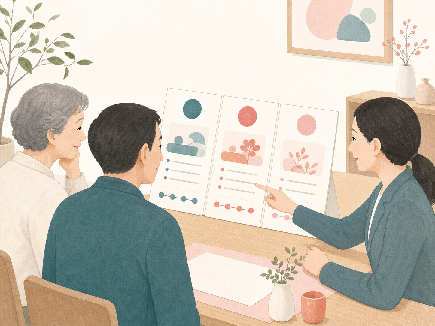 高齢の方と家族にも分かりやすいサービス案内を説明するイラスト